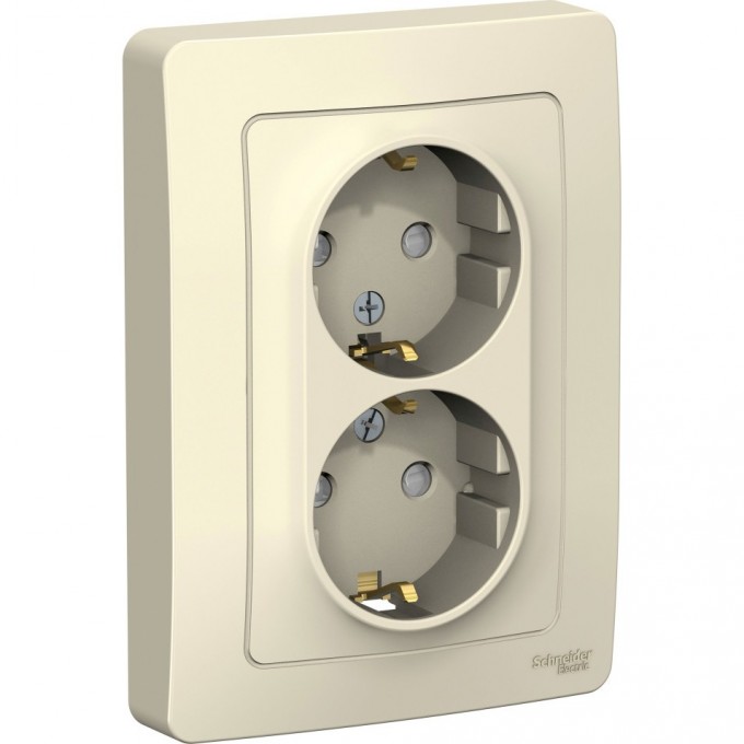 Розетка двойная SCHNEIDER ELECTRIC BLANCA с/у, с заземлением, со шторками, 16А, 250В, молочный BLNRS001122