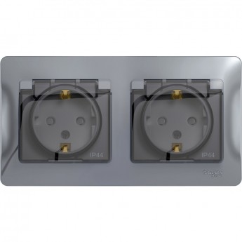 Розетка двойная SCHNEIDER ELECTRIC GLOSSA с заземлением, со шторками, в сборе, IP44, алюминий